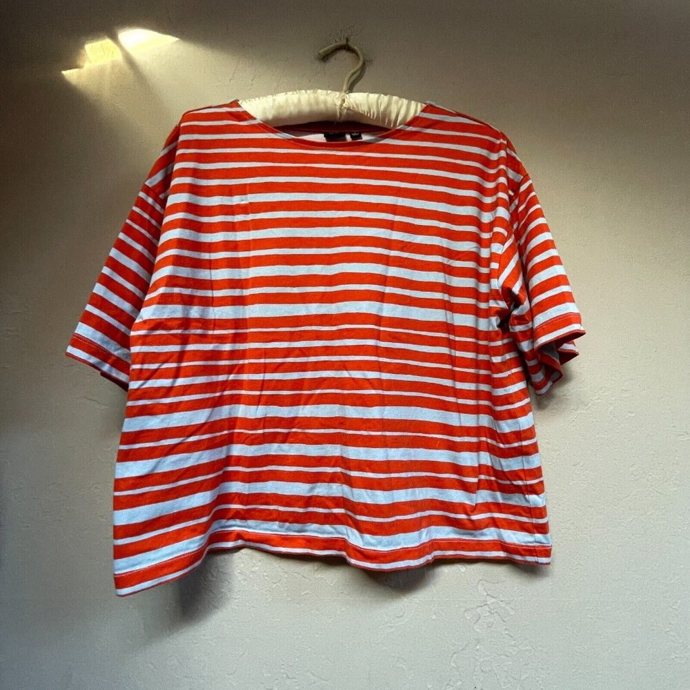Uniqlo Marimekko Women's Oversized Crop Top Tee Cotton Stripe Orange Size Small